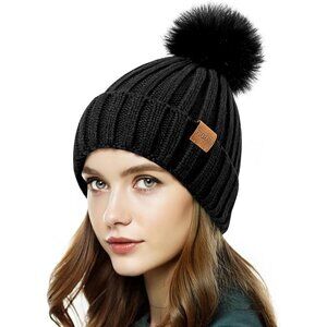 Women's Winter Warm Black Beanie Fleece Lined Skull Faux Fur Pom Cuff Hat Cap